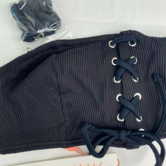 Mink Pink Kylie Black Lace-Up Ribbed Bandeau Bikini Top Women's Size Medium M - Picture 6 of 9